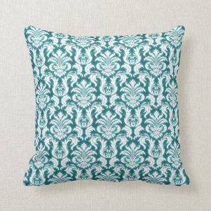 Damask Teal Blue Turcos Ocean White Velvet Kudde