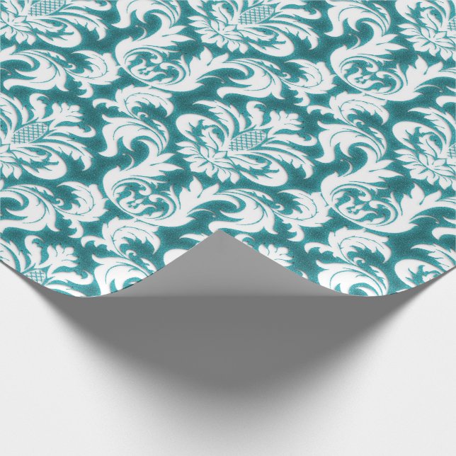 Damask Teal Blue Turcos Ocean White Velvet Presentpapper (Hörn)