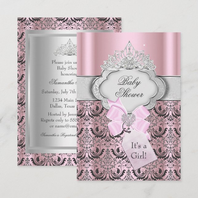 Damask & Tiara Princess Baby Shower-inbjudan Inbjudningar (Fram/baksida)