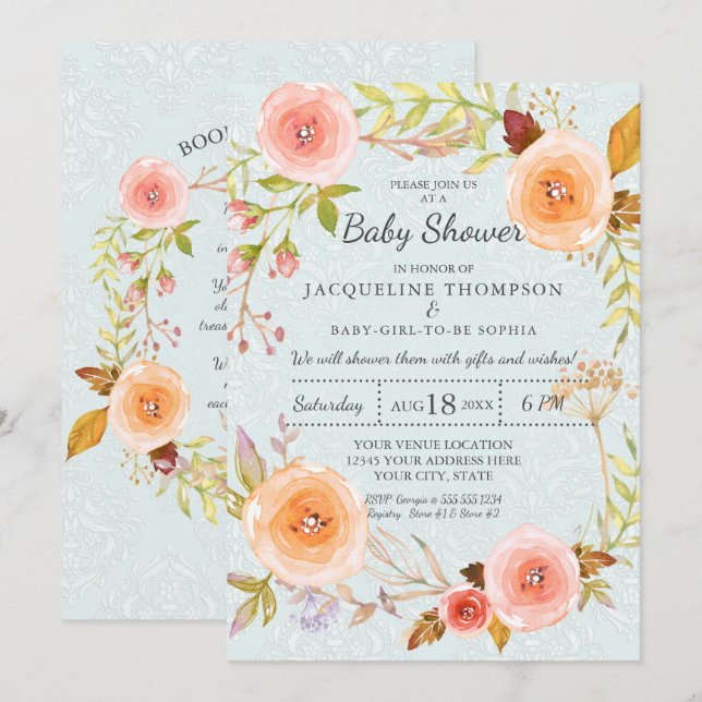 Damask-typografi Blå och rosa akvarellblomma Inbjudningar (Fram/baksida)