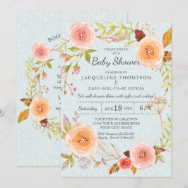 Damask-typografi Blå och rosa vattenfärg blommor Inbjudningar