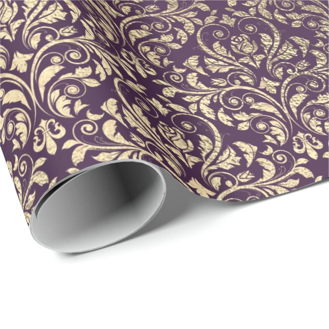 Damask Violet Lila Grape Plum Guld Metall Bride Presentpapper (Rullad Hörn)