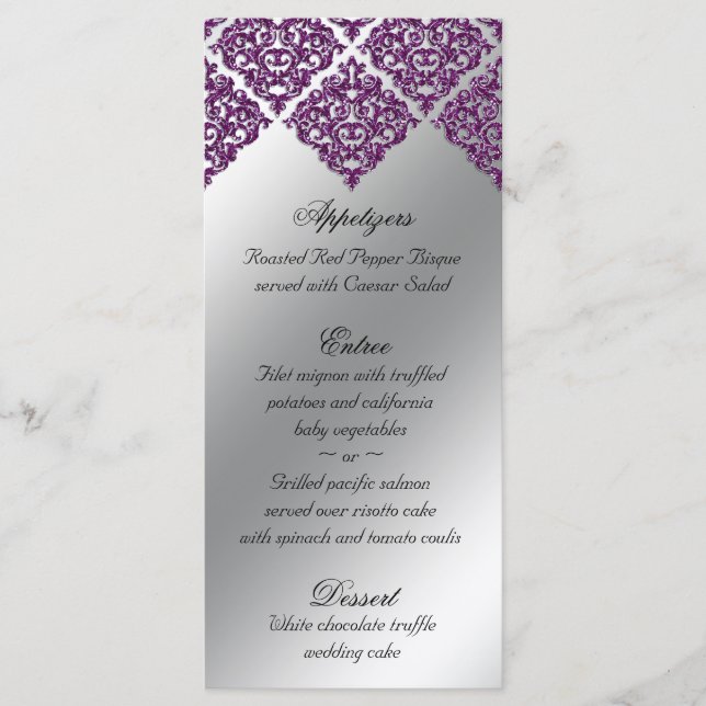 Damask Wedding Menu-kort Lila Glitter Bright Meny (Framsida)