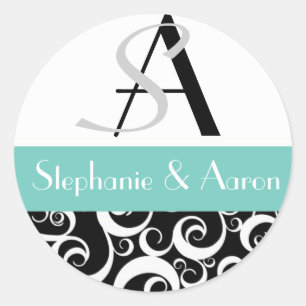 Damask Wedding Monogram i Black and Aqua Runt Klistermärke