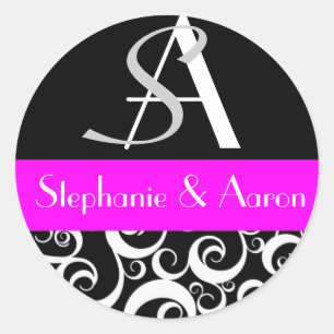 Damask Wedding Monogram i Black and Fuchsia Runt Klistermärke
