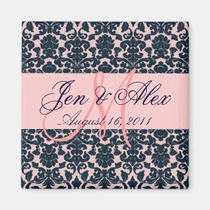 Damask Wedding Monogram Rosa Navy Magnet