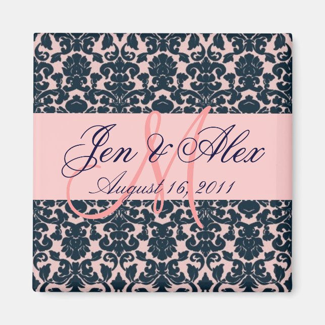 Damask Wedding Monogram Rosa Navy Magnet (Framsidan)