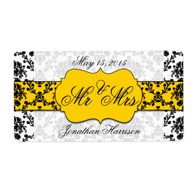 Damask Wedding Mr och Mrs Vattenflaska Labels Fraktsedel (Framsidan)