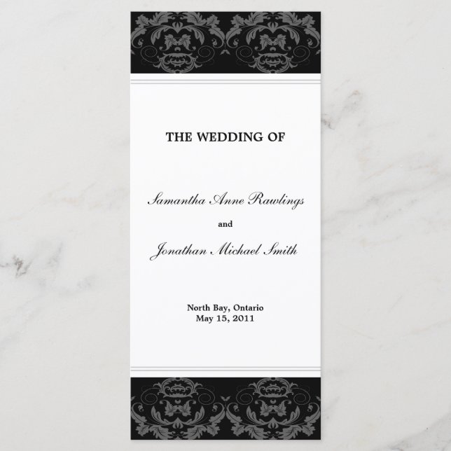 Damask Wedding Program - Black & White Bröllop (Framsida)