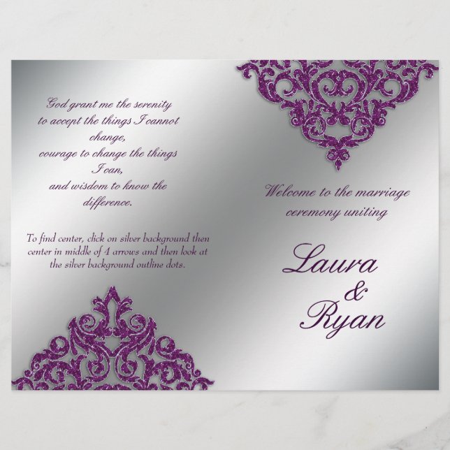 Damask Wedding Program Flyer Silver Lila Glitter (Framsida)