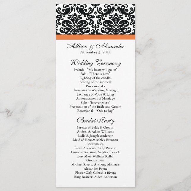 Damask Wedding Programme Black & Coral Ro Program (Framsida)