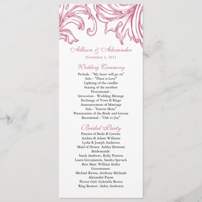 Damask Wedding Programme Honeysuckle Rosa Program (Framsida)