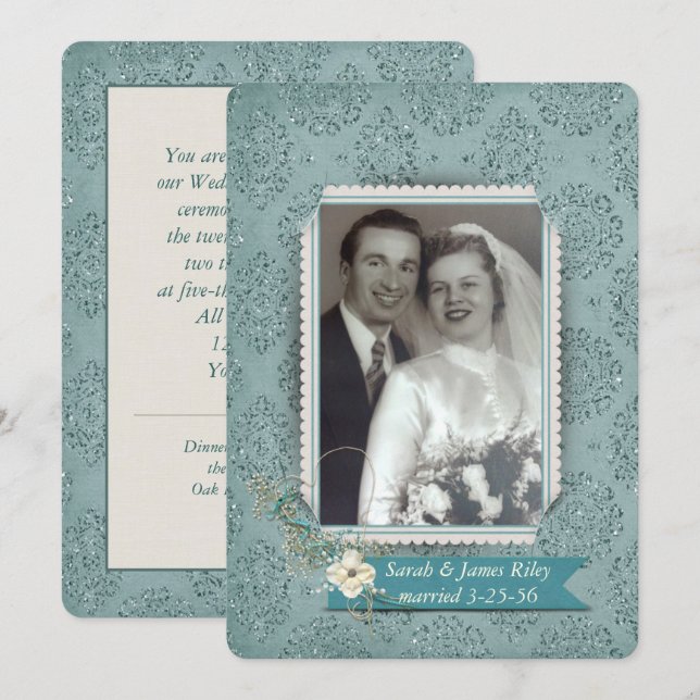 Damask Wedding Vow Renewal med foto Inbjudningar (Fram/baksida)