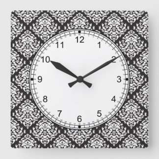 Damask White på Black Fyrkantig Klocka