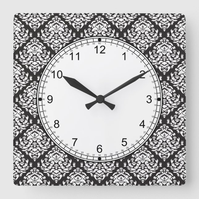 Damask White på Black Fyrkantig Klocka (Framsida)