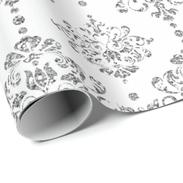 Damask White Royal Grått Silver Glitter Presentpapper (Rullad Hörn)