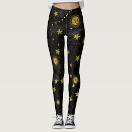 Damasker-, sol-, måne- och stjärnaabstraktdesign leggings