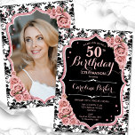 Damaskfoto ro 50:e födelsedagen inbjudningar<br><div class="desc">Elegantens blommigt 50-årsinbjudan med ditt foto på baksidan av kortet. Glam Black and rosa design med faux glitter ro guld. Innehåller svartvit dämpningsmönster, rosa ros, skriptteckensnitt och kontur. Perfekt för en snyggt vuxen under firande party. Anpassa med dina egna detaljer. Kan anpassas för vilken ålder som helst! Skrivna Zazzle-inbjudningar eller...</div>