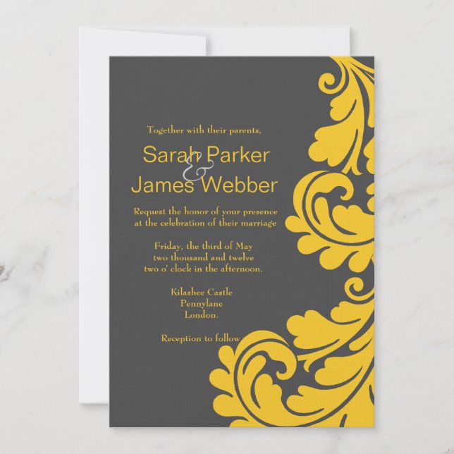 Damaskgrå och gula moderna bröllopsinbjudningar inbjudningar (Framsida)
