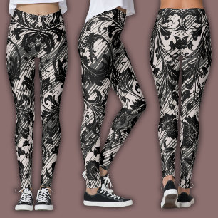 Damaskmönster Svart & Naturlig Beige Leggings