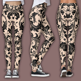Damaskmönster | Svart & Persikobeige Leggings