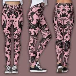 Damaskmönster | Svart & Rosa Rodnad Leggings