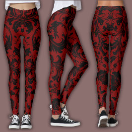 Damaskmönster | Svart & Rött Vin Leggings