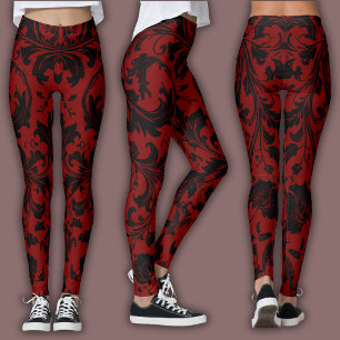 Damaskmönster Svart & Rött Vin Leggings