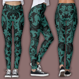 Damaskmönster | Svart & Teal Leggings