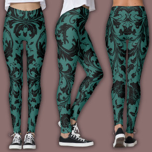 Damaskmönster Svart & Teal Leggings