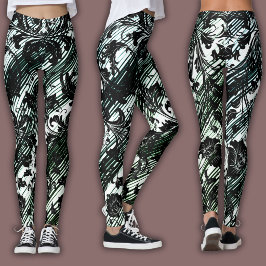 Damaskmönster | Svart, Vitt & Grönt Leggings