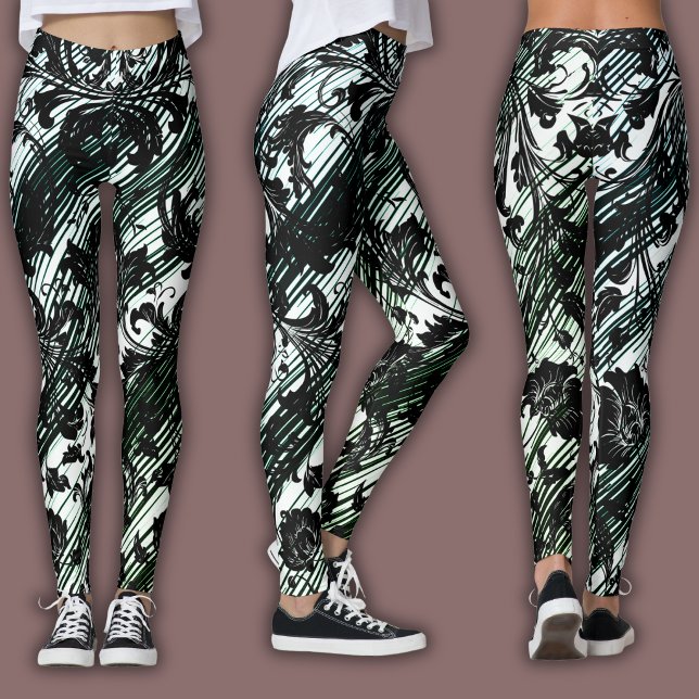 Damaskmönster | Svart, Vitt & Grönt Leggings (Skapare uppladdad)