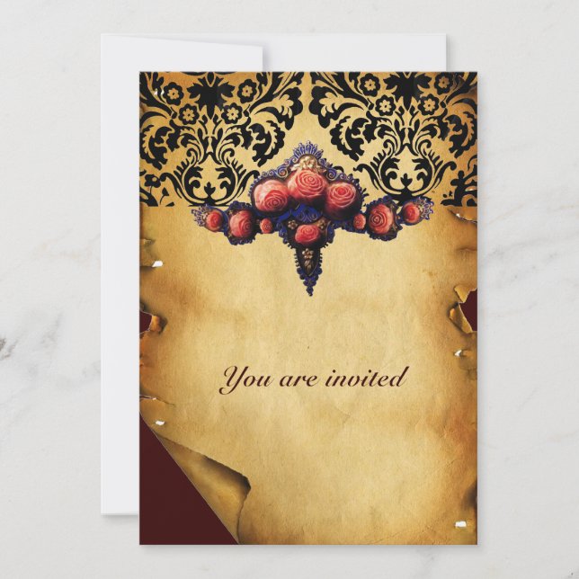 DAMASKPÄRMÄNT OCH ROSOR I ROSA KORALL INBJUDNINGAR (Framsida)