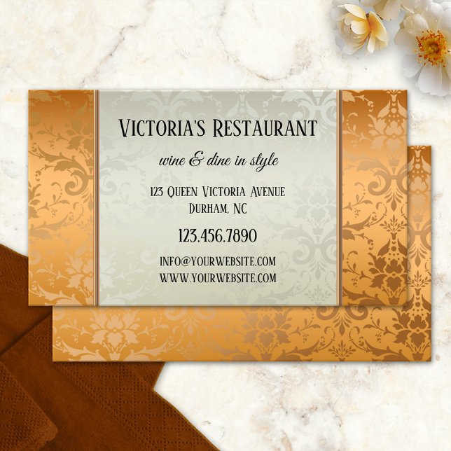 Damaskros Guld Professionell Visitenkort Visitkort (Restaurant business card featuring an elegant rose gold damask pattern design with silver grey)