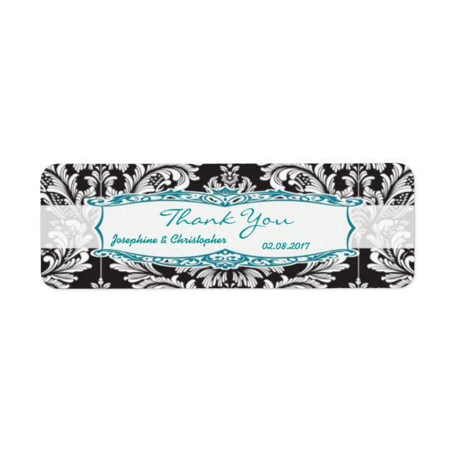 Damaskus svart och vitt Bröllop Tack Lab Returadress Etikett (Framsidan)