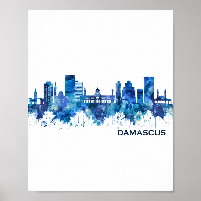 Damaskus Syrien Skyline Blue Poster (Framsidan)
