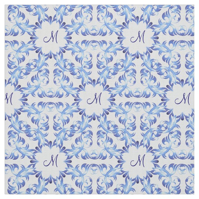damast blå mönster. monogram. tyg (Provkarta)