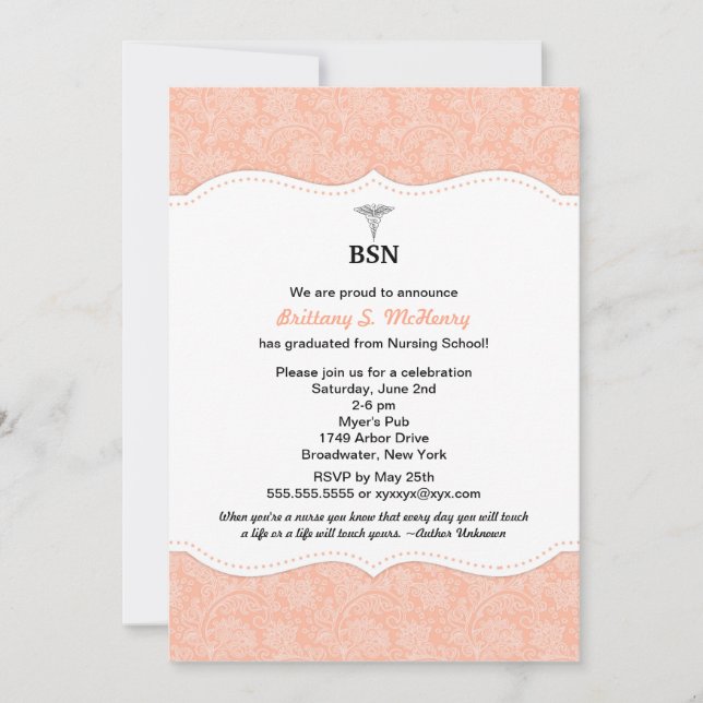Damast BSN RN LPN för sjuksköterskastudentenkorall Inbjudningar (Framsida)