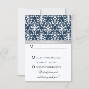 Damast Falskt Silverband Navy Bröllop RSVP OSA Kort