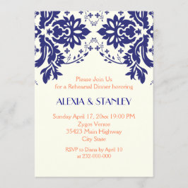 Damast marinblå, korallbröllop rehearsal middag inbjudningar