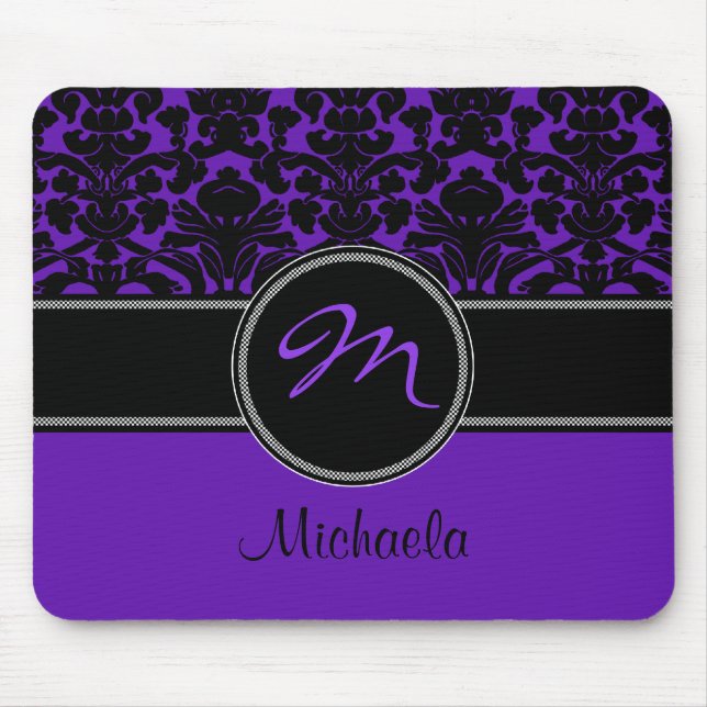 Damast Mousepad för vit för Monogramlilasvart Musmatta (Framsidan)