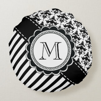 Damast- och randMonogram Rund Kudde
