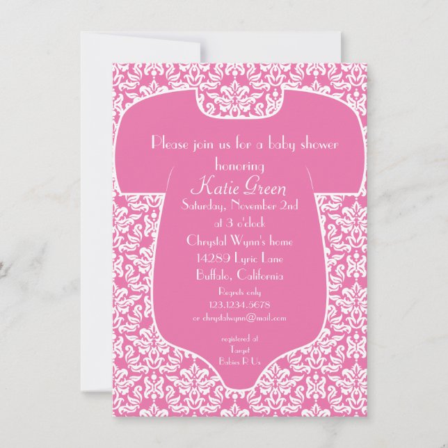 Damastast baby showerinbjudan - rosa inbjudningar (Framsida)
