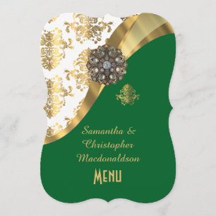 Damastast bröllopmeny för guld, för grönt och för meny