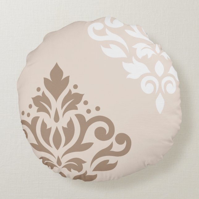 Damastast konst för rullan tänder jag Taupe & vit Rund Kudde (Baksidan)