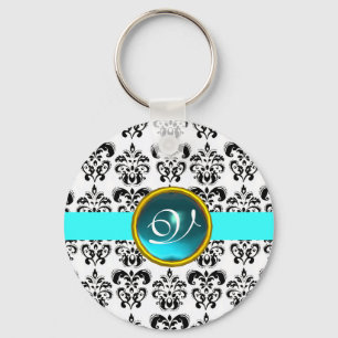 DAMASTAST MONOGRAM för AQUAMARINE, blåttturquase Nyckelring