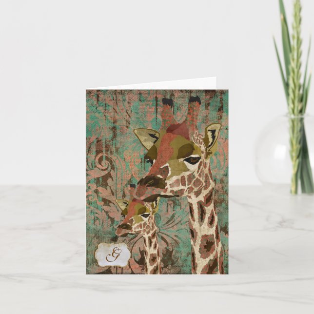 Damastast Monogram Notecard för Rosa giraff Anteckningskort (Framsida)