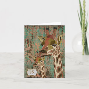 Damastast Monogram Notecard för Rosa giraff Anteckningskort