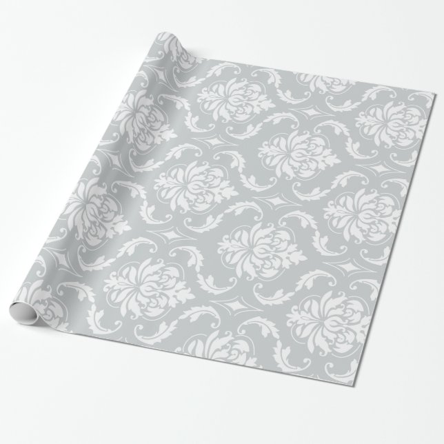 Damastast mönster för grå vitklassiker presentpapper (Utrullad)