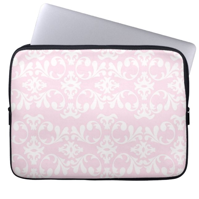 Damastast mönster för gullig flickaktigt rosa vit laptop sleeve (Framsidan)